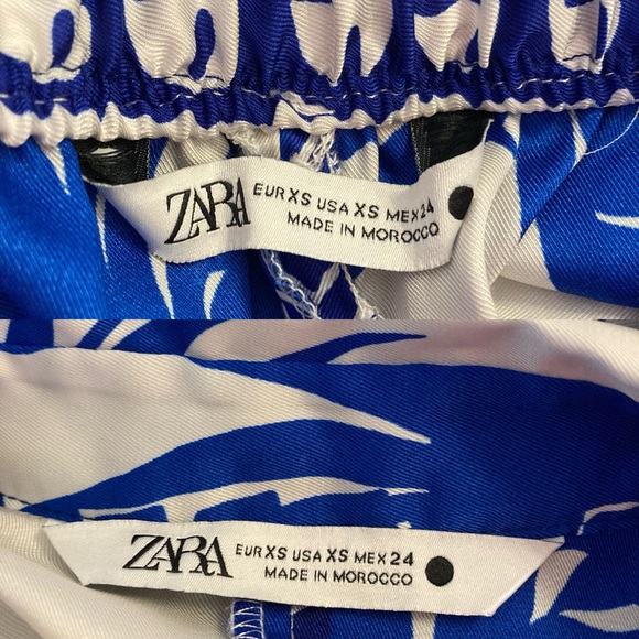 ZARA SET Blue White Tropical Palm Print Satin Button Down Shirt & Bermuda Shorts - Picture 7 of 15